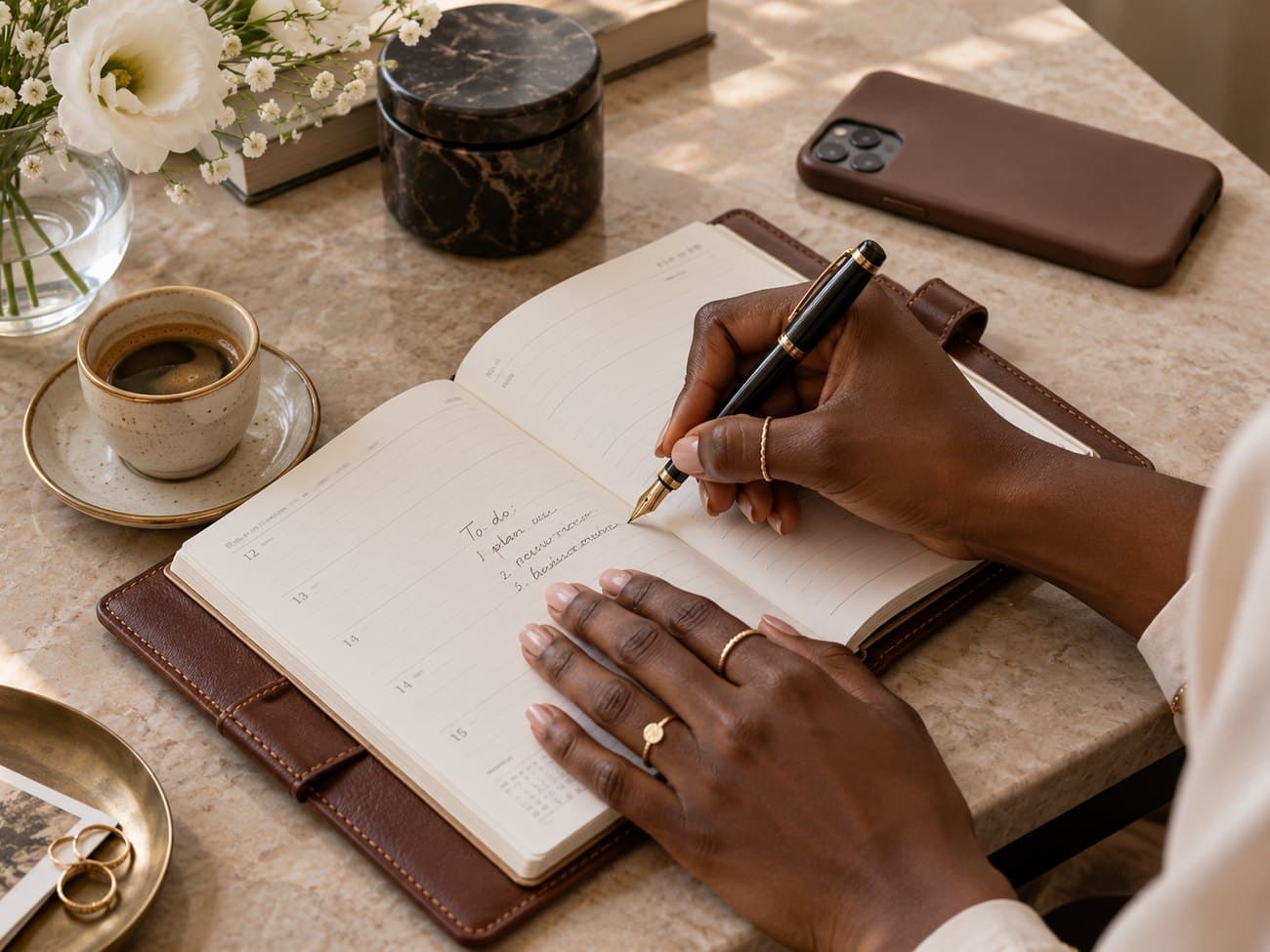 Bureau soigné avec carnet, stylo et tasse de café