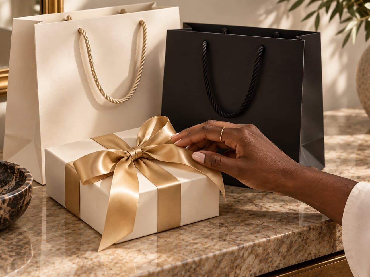 Sacs de boutique et paquet cadeau posés sur un guéridon