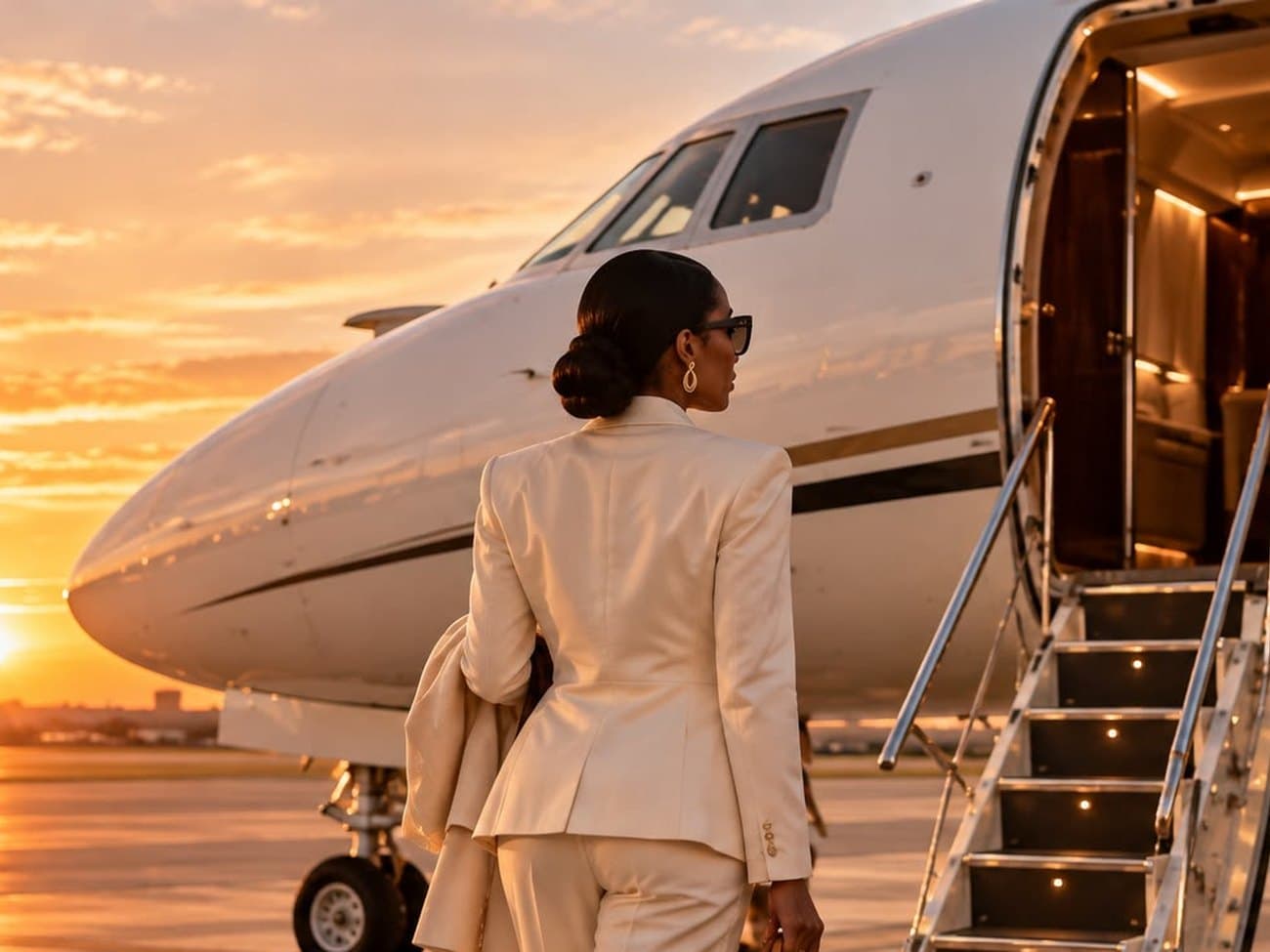 Voyageuse rejoignant la passerelle d'un avion privé au coucher du soleil